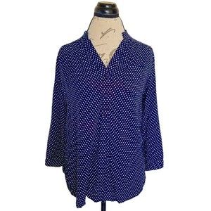 Market Spruce Womens Button down Blouse Polka Dots Blue 3/4 Sleeve Polo Medium